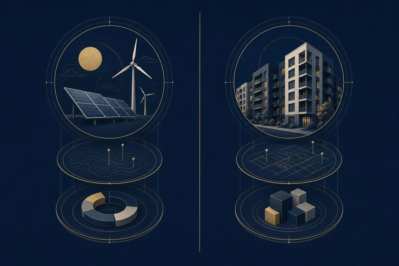 Abstract institutional diagram showing two ring-fenced investment sleeves separated by a thin gold rule