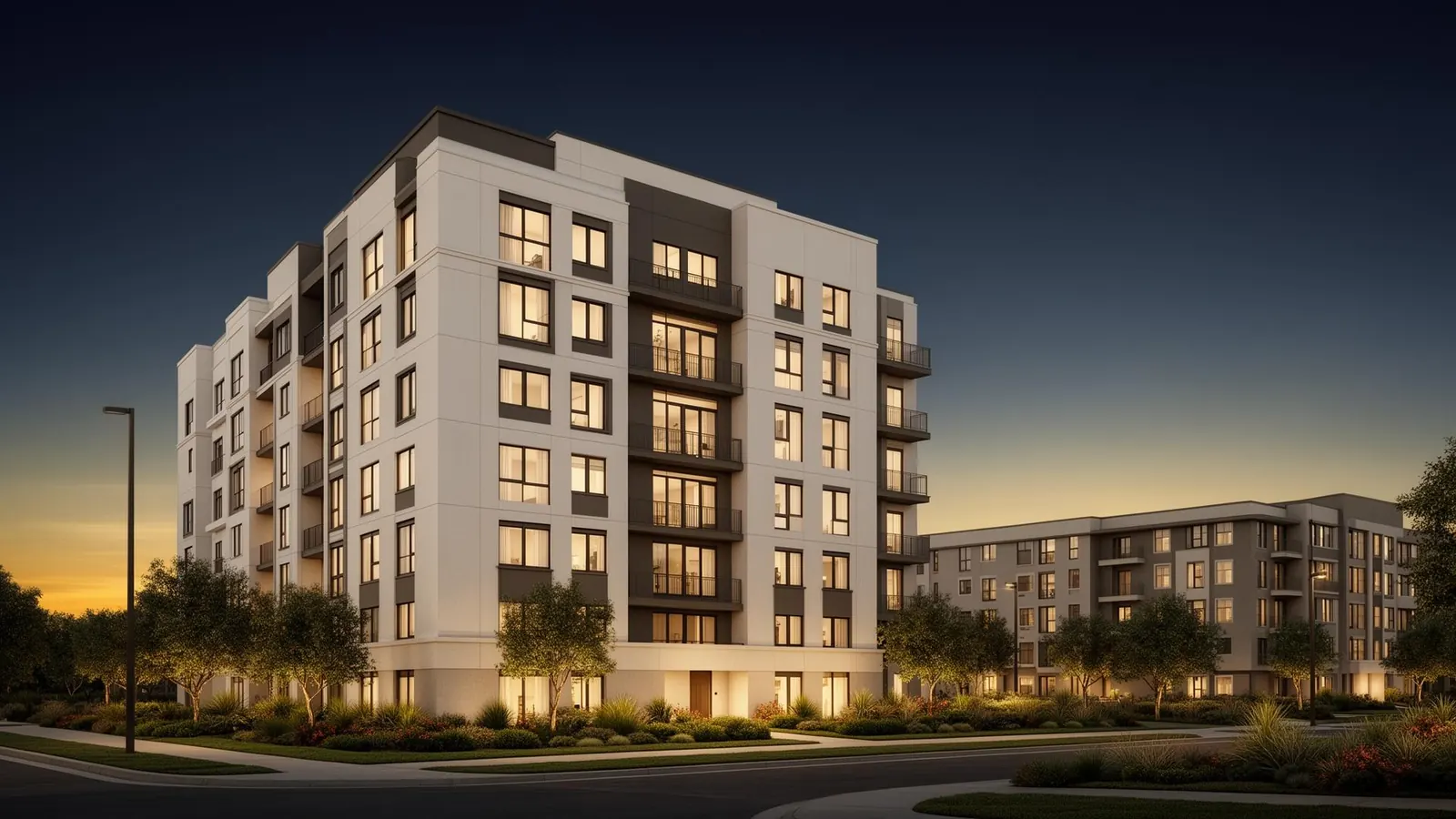 Modern Class A multifamily mid-rise beside a Class B garden-style property at dusk in a U.S. growth market