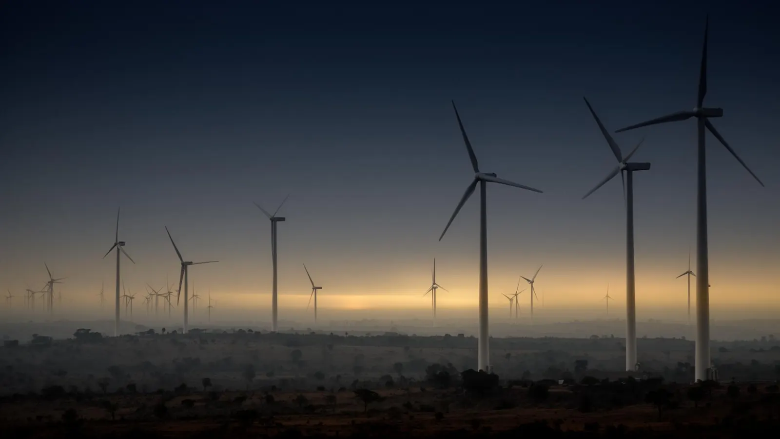 Onshore wind turbines at dusk on the Karnataka plateau